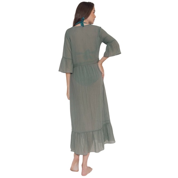 Bari Swimwear Boho Green Sheer Maxi Beach Cover-Up Dress - One Size - Picture 2 of 7